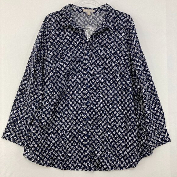 Woman Within size 18/20 Navy Star Print Long Sleeve Button Down Cotton Preppy - Picture 1 of 11